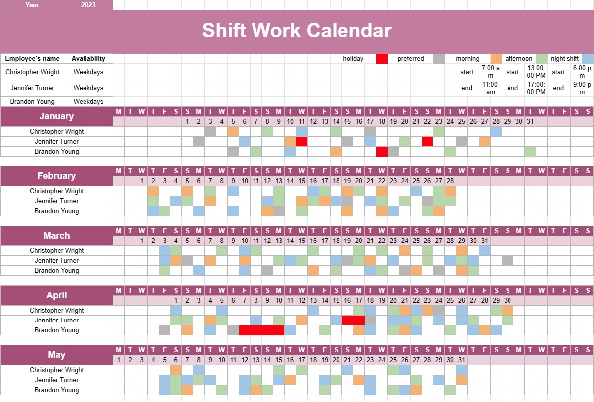 シフト勤務カレンダー